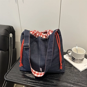 Women Large Capacity Canvas Denim Drawstring Tote Bag Retro Gingham Lining Shoulder Crossbody Bag Casual Daily Commuting Handbag