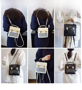 Multiple views of a vintage faux leather backpack showing black and white crossbody styles
