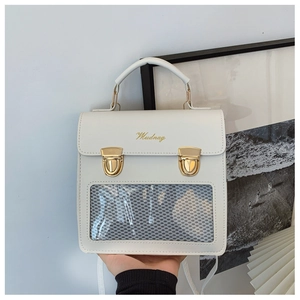 Detail of white square crossbody bag showing gold push-locks and transparent window