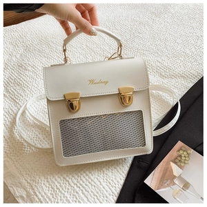 Detail of cream white leather bag with transparent window and gold metal buckles