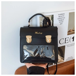 Detail view of the black Ita bag showing its transparent window and gold metal buckle