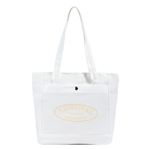 White canvas tote bag with metal buckle and side pockets for student daily commute