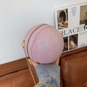 Pink basketball shaped chain bag with glitter texture and gold metal hardware