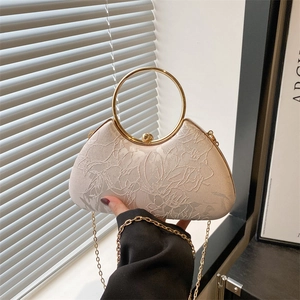 Elegant Women PU Embroidery Floral Dinner Clutch Bag Fashion Jacquard Handbag With Gold Metal Circular Handle And Chain Strap