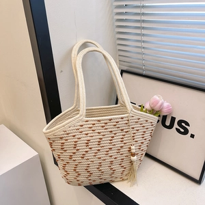Borsa tote in corda di cotone intrecciata a mano con nappe e decorazione di tulipani