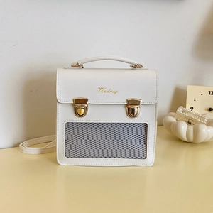 Minimalist white PU leather crossbody ita bag with clear window and gold buckles