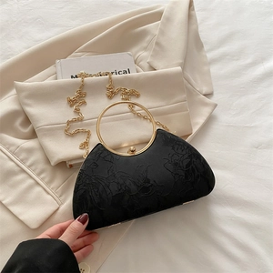 Women Elegant Floral Embroidery Evening Clutch Bag With Vintage Gold Metal Round Handle Chain Shoulder Bag For Party Wedding