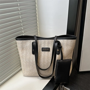 Borsa Tote da Donna in Paglia Intrecciata di Grande Capacità Con Tasca Rimovibile Finiture in Pelle PU Rivetti Decor Borse a Spalla
