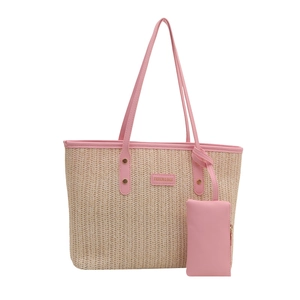 Sac cabas en paille tressée avec poignées en cuir rose et petite pochette zippée assortie