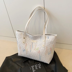 Large Capacity PU Leather Tote Bag For Women Fashion Embroidered Wave Line Shoulder Bag Casual Commute Handbag Gift