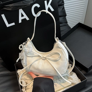 Women Bowknot Hobo Bag PU Leather Crescent Underarm Shoulder Crossbody Bag With Pearl Lace Pendant Sweet Fashion Purse