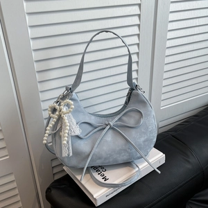 Women Sweet Bowknot Crescent Hobo Bag Solid Color PU Leather Crossbody Bag With Artificial Pearl Lace Pendant Versatile Shoulder Bag