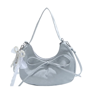 Fashionable light blue bow hobo bag with pearl lace pendant and adjustable strap