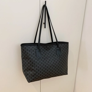 Large gray monogram tote bag with black shoulder straps for women, 2025 spring collection