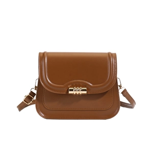 Minimalist brown vintage rectangular crossbody bag with glossy finish and gold metal lock