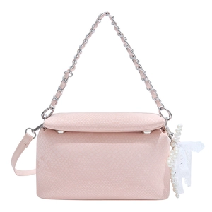 Elegant pink snakeskin pattern underarm bag with pearl charm and silver chain strap