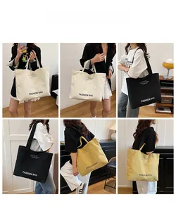 Collage of models styling large canvas tote bags in cream, black, and yellow colors