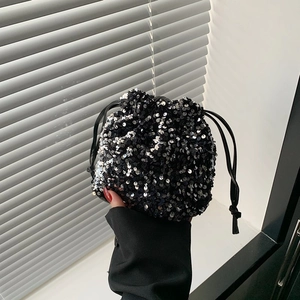 Sparkly black and silver sequin drawstring bucket bag with leather straps for women