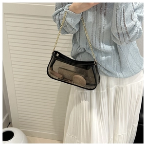 Detail of semi-transparent black mesh square bag with gold chain and interior items