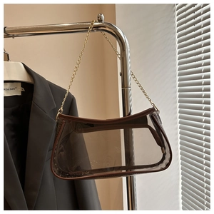 Detail of retro brown transparent PVC shoulder bag with golden chain and leather piping