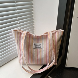 Sac Cabas en Toile Rayée pour Femmes Grande Capacité Sac à Épaule Tendance Sous le Bras Avec Étiquette Tissée Lettre Casual