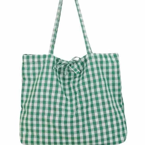 Green and white gingham canvas tote bag with a decorative bow tie for women