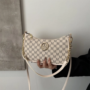 Women Retro Monogram Print Shoulder Bag PU Leather Hobo Handbag Crossbody Bag With Gold Chain Fashion Minimalist Satchel