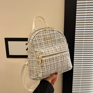 Mini Sac à Dos Mode pour Femme Tweed Plaid Rétro Élégant Sac de Voyage Avec Fermeture Éclair en Métal Doré Poignée en Cuir PU