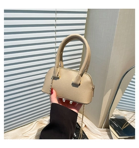Close-up of cream mini shell bag featuring litchi grain texture and gold chain strap