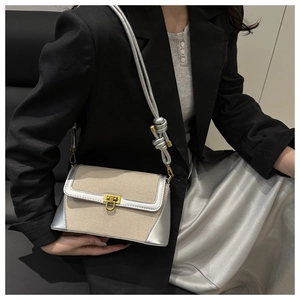 Detail of canvas crossbody bag with silver leather trim and golden twist-lock closure