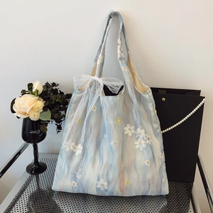 Women's Fabric Tote Bag With Floral Embroidery And Lace Bow Vintage Marbling Print Shoulder Bag For Daily Fashion Handbag