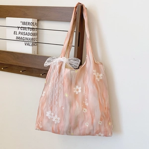 Pink marble texture tote bag with floral embroidery and white lace bow decoration
