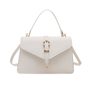 Elegant white square crossbody bag with V-shaped flap and gold hardware detailing