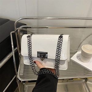 Women Patent Leather Chain Shoulder Bag Shiny Solid Color Square Crossbody Bag With Metal Lock Fashion Underarm Bag