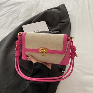 Summer Trend Contrast Color Patchwork Canvas PU Leather Shoulder Crossbody Bag Women Knot Strap Small Square Bag With Lock