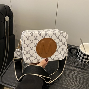 Fashion M Monogram Camera Bag For Women Retro Letter Print Crossbody Bag With Wide Woven Strap Urban Casual Shoulder Bag