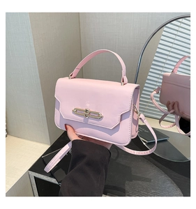 Detailed view of pink rectangular leather handbag with gold metal buckle and hand strap