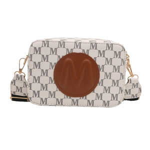 Retro camera crossbody bag with white M-letter pattern and brown leather patch