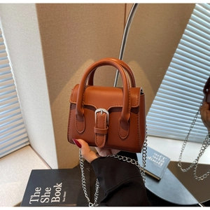 Detailansicht einer rotbraunen Mini-Handtasche mit Silberschnalle und Kettenriemen