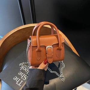 Fashionable caramel mini handbag with silver hardware and chain strap for women