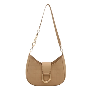 Beige crocodile embossed underarm bag with gold U-shaped buckle and chain strap