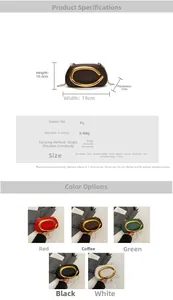 Detail view of mini PU leather box clutch with metallic C-handle and dimensions info