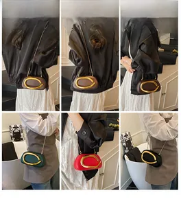 Detailed views of crossbody bags with gold C-hardware and metallic chain straps in four colors