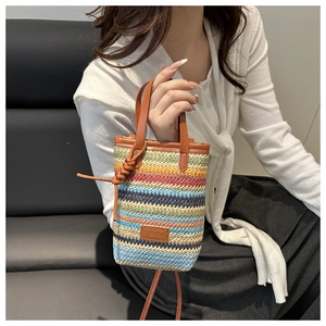 Gros plan d'un mini sac tissé à rayures colorées tenu par un mannequin