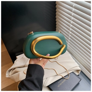 Detail of dark green matte handbag with large gold round metal handle and chain strap