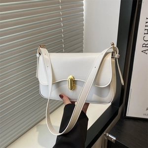 Women Minimalist PU Leather Shoulder Bag Elegant Solid Color Flap Lock Baguette Bag High Quality Urban Commute Handbag For Daily Use