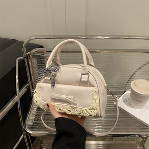 Vintage Lace Bow Shoulder Bag Women PU Leather Sweet Lolita Handbag Elegant Small Square Crossbody Bag With Plaid Ribbon