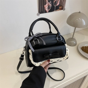 Retro black lace patchwork crossbody bag with ribbon and bow tie for women