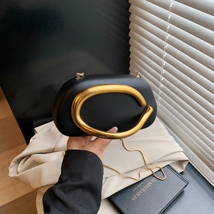 Chic PU Leather Crossbody Bag With Gold C-Ring Handle Retro Chain Shoulder Bag Small Square Messenger For Daily Match Women