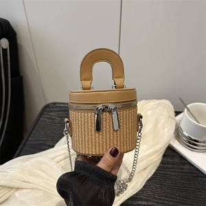 Women Korean Fashion Cylindrical Bucket Bag Woven PU Leather Crossbody Mini Handbag With Double Zipper And Metal Chain Strap